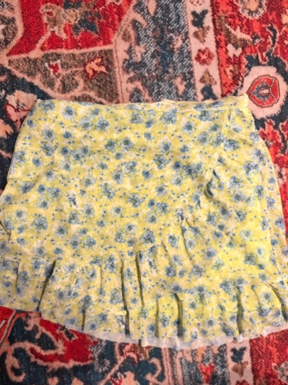 Kohl's Yellow Floral Ruffle Hem Skirt with Blue Blossoms